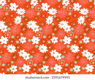 Small vector flowers daisy seamless pattern. Natural wallpaper, floral decoration illustration. Hand drawn elements. Children's drawing. Print for a dress or swimsuit
