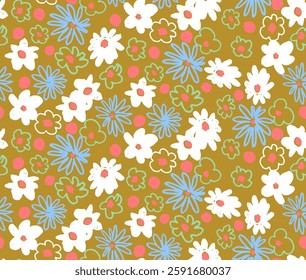 Small vector flowers daisy seamless pattern. Natural wallpaper, floral decoration illustration. Hand drawn elements. Children's drawing. Print for a dress or swimsuit