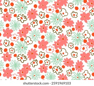 Small vector flowers daisy seamless pattern. Natural wallpaper, floral decoration illustration. Hand drawn elements. Children's drawing. Print for a dress or swimsuit