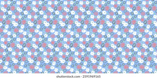 Small vector flowers daisy seamless pattern. Natural wallpaper, floral decoration illustration. Hand drawn elements. Children's drawing. Print for a dress or swimsuit