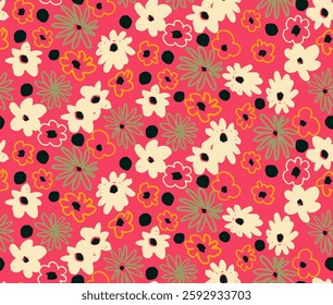 Small vector flowers daisy seamless pattern. Natural wallpaper, floral decoration illustration. Hand drawn elements. Children's drawing. Print for a dress or swimsuit
