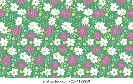 Small vector flowers daisy seamless pattern. Natural wallpaper, floral decoration illustration. Hand drawn elements. Children's drawing. Print for a dress or swimsuit