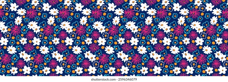 Small vector flowers daisy seamless pattern. Natural wallpaper, floral decoration illustration. Hand drawn elements. Children's drawing. Print for a dress or swimsuit