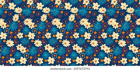 Small vector flowers daisy seamless pattern. Natural wallpaper, floral decoration illustration. Hand drawn elements. Children's drawing. Print for a dress or swimsuit