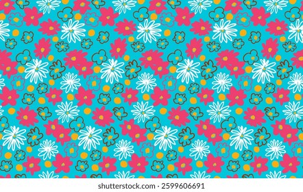 Small vector flowers daisy seamless pattern. Natural wallpaper, floral decoration illustration. Hand drawn elements. Children's drawing. Print for a dress or swimsuit