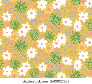 Small vector flowers daisy seamless pattern. Natural wallpaper, floral decoration illustration. Hand drawn elements. Children's drawing. Print for a dress or swimsuit