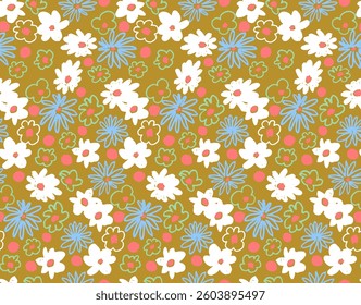 Small vector flowers daisy seamless pattern. Natural wallpaper, floral decoration illustration. Hand drawn elements. Children's drawing. Print for a dress or swimsuit