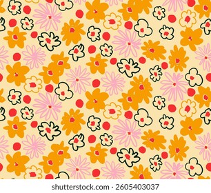 Small vector flowers daisy seamless pattern. Natural wallpaper, floral decoration illustration. Hand drawn elements. Children's drawing. Print for a dress or swimsuit