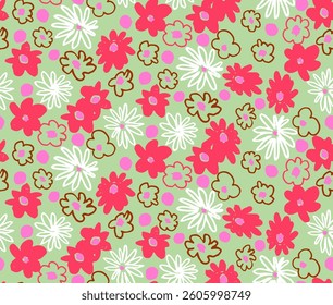 Small vector flowers daisy seamless pattern. Natural wallpaper, floral decoration illustration. Hand drawn elements. Children's drawing. Print for a dress or swimsuit