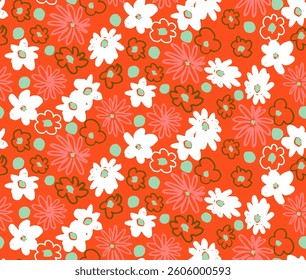 Small vector flowers daisy seamless pattern. Natural wallpaper, floral decoration illustration. Hand drawn elements. Children's drawing. Print for a dress or swimsuit