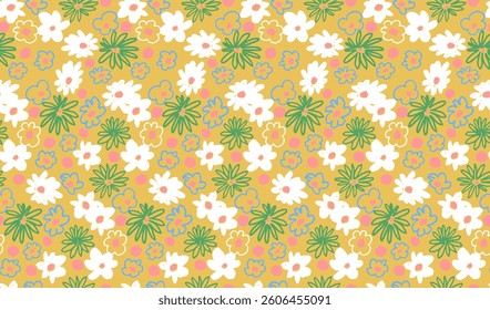Small vector flowers daisy seamless pattern. Natural wallpaper, floral decoration illustration. Hand drawn elements. Children's drawing. Print for a dress or swimsuit