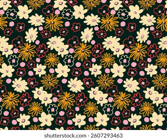 Small vector flowers daisy seamless pattern. Natural wallpaper, floral decoration illustration. Hand drawn elements. Children's drawing. Print for a dress or swimsuit