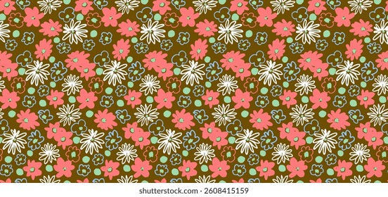 Small vector flowers daisy seamless pattern. Natural wallpaper, floral decoration illustration. Hand drawn elements. Children's drawing. Print for a dress or swimsuit