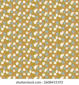 Small vector flowers daisy seamless pattern. Natural wallpaper, floral decoration illustration. Hand drawn elements. Children's drawing. Print for a dress or swimsuit