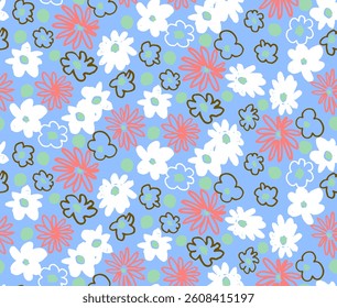 Small vector flowers daisy seamless pattern. Natural wallpaper, floral decoration illustration. Hand drawn elements. Children's drawing. Print for a dress or swimsuit
