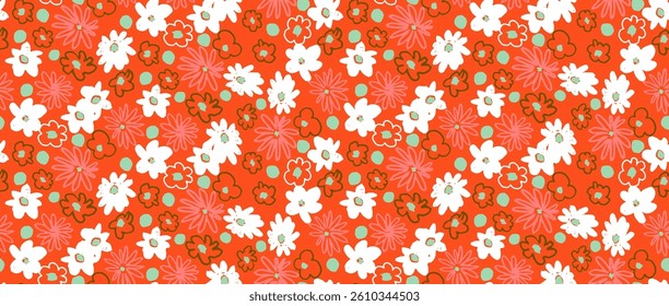 Small vector flowers daisy seamless pattern. Natural wallpaper, floral decoration illustration. Hand drawn elements. Children's drawing. Print for a dress or swimsuit