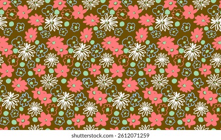 Small vector flowers daisy seamless pattern. Natural wallpaper, floral decoration illustration. Hand drawn elements. Children's drawing. Print for a dress or swimsuit