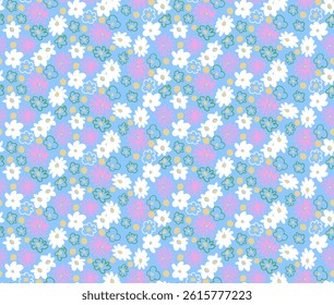 Small vector flowers daisy seamless pattern. Natural wallpaper, floral decoration illustration. Hand drawn elements. Children's drawing. Print for a dress or swimsuit
