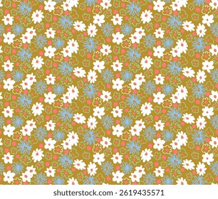 Small vector flowers daisy seamless pattern. Natural wallpaper, floral decoration illustration. Hand drawn elements. Children's drawing. Print for a dress or swimsuit
