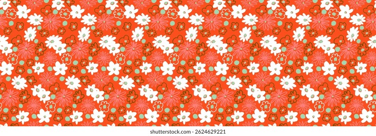 Pequeno vetor flores daisy padrão sem emenda. Papel de parede natural, decoração floral ilustração. Elementos desenhados à mão. Desenho infantil. Impressão para um vestido ou maiô