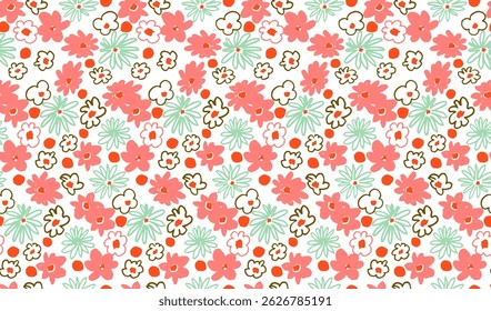 Pequeno vetor flores daisy padrão sem emenda. Papel de parede natural, decoração floral ilustração. Elementos desenhados à mão. Desenho infantil. Impressão para um vestido ou maiô