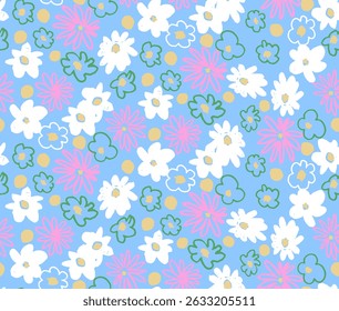 Pequeno vetor flores daisy padrão sem emenda. Papel de parede natural, decoração floral ilustração. Elementos desenhados à mão. Desenho infantil. Impressão para um vestido ou maiô