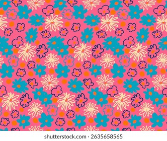 Pequeno vetor flores daisy padrão sem emenda. Papel de parede natural, decoração floral ilustração. Elementos desenhados à mão. Desenho infantil. Impressão para um vestido ou maiô