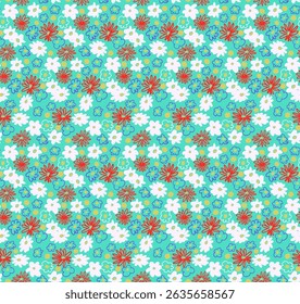 Pequeno vetor flores daisy padrão sem emenda. Papel de parede natural, decoração floral ilustração. Elementos desenhados à mão. Desenho infantil. Impressão para um vestido ou maiô