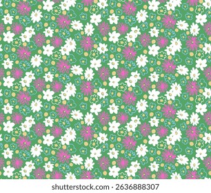 Small vector flowers daisy seamless pattern. Natural wallpaper, floral decoration illustration. Hand drawn elements. Children's drawing. Print for a dress or swimsuit