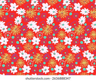 Small vector flowers daisy seamless pattern. Natural wallpaper, floral decoration illustration. Hand drawn elements. Children's drawing. Print for a dress or swimsuit