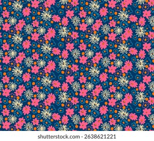 Small vector flowers daisy seamless pattern. Natural wallpaper, floral decoration illustration. Hand drawn elements. Children's drawing. Print for a dress or swimsuit