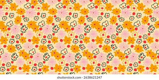 Small vector flowers daisy seamless pattern. Natural wallpaper, floral decoration illustration. Hand drawn elements. Children's drawing. Print for a dress or swimsuit