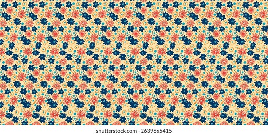 Small vector flowers daisy seamless pattern. Natural wallpaper, floral decoration illustration. Hand drawn elements. Children's drawing. Print for a dress or swimsuit