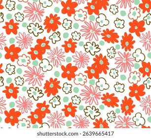 Small vector flowers daisy seamless pattern. Natural wallpaper, floral decoration illustration. Hand drawn elements. Children's drawing. Print for a dress or swimsuit