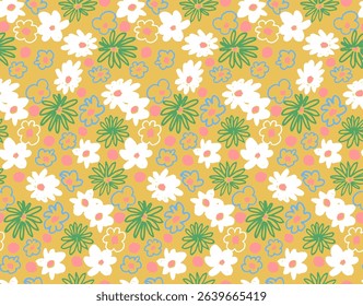 Small vector flowers daisy seamless pattern. Natural wallpaper, floral decoration illustration. Hand drawn elements. Children's drawing. Print for a dress or swimsuit