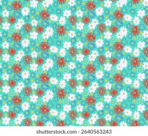 Small vector flowers daisy seamless pattern. Natural wallpaper, floral decoration illustration. Hand drawn elements. Children's drawing. Print for a dress or swimsuit