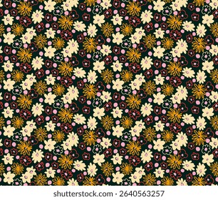 Small vector flowers daisy seamless pattern. Natural wallpaper, floral decoration illustration. Hand drawn elements. Children's drawing. Print for a dress or swimsuit