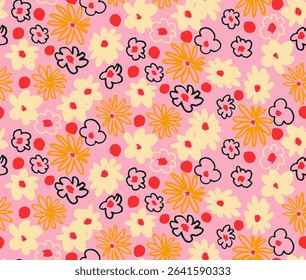 Small vector flowers daisy seamless pattern. Natural wallpaper, floral decoration illustration. Hand drawn elements. Children's drawing. Print for a dress or swimsuit