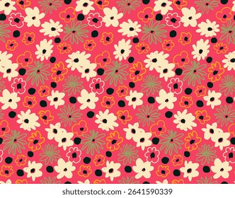 Small vector flowers daisy seamless pattern. Natural wallpaper, floral decoration illustration. Hand drawn elements. Children's drawing. Print for a dress or swimsuit