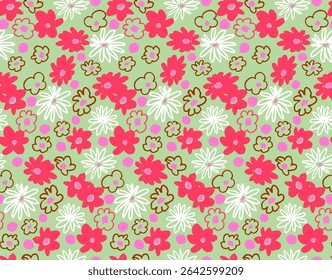 Small vector flowers daisy seamless pattern. Natural wallpaper, floral decoration illustration. Hand drawn elements. Children's drawing. Print for a dress or swimsuit