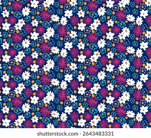 Small vector flowers daisy seamless pattern. Natural wallpaper, floral decoration illustration. Hand drawn elements. Children's drawing. Print for a dress or swimsuit