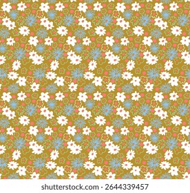 Pequeno vetor flores daisy padrão sem emenda. Papel de parede natural, decoração floral ilustração. Elementos desenhados à mão. Desenho infantil. Impressão para um vestido ou maiô