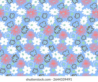 Pequeno vetor flores daisy padrão sem emenda. Papel de parede natural, decoração floral ilustração. Elementos desenhados à mão. Desenho infantil. Impressão para um vestido ou maiô