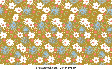 Pequeno vetor flores daisy padrão sem emenda. Papel de parede natural, decoração floral ilustração. Elementos desenhados à mão. Desenho infantil. Impressão para um vestido ou maiô