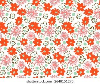 Small vector flowers daisy seamless pattern. Natural wallpaper, floral decoration illustration. Hand drawn elements. Children's drawing. Print for a dress or swimsuit