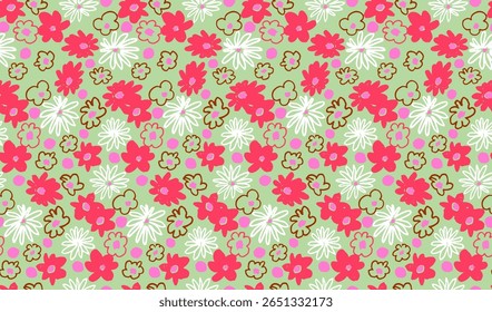 Small vector flowers daisy seamless pattern. Natural wallpaper, floral decoration illustration. Hand drawn elements. Children's drawing. Print for a dress or swimsuit