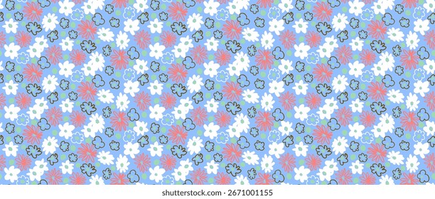 Pequeno vetor flores daisy padrão sem emenda. Papel de parede natural, decoração floral ilustração. Elementos desenhados à mão. Desenho infantil. Impressão para um vestido ou maiô