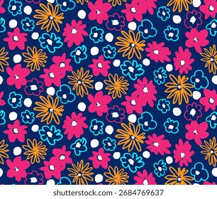 Pequeno vetor flores daisy padrão sem emenda. Papel de parede natural, decoração floral ilustração. Elementos desenhados à mão. Desenho infantil. Impressão para um vestido ou maiô