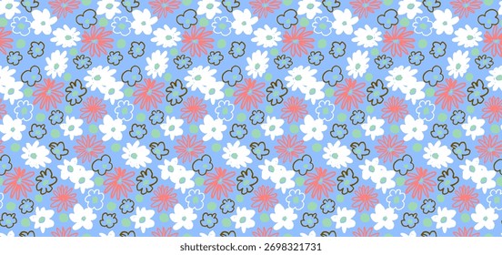 Pequeño patrón sin fisuras de flores de Vector. Fondo de pantalla natural, ilustración de decoración floral. Elementos dibujados a mano. Dibujo infantil. Imprimir para un vestido o traje de baño