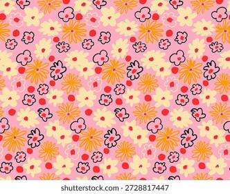 Kleine Vektorblumen Gänseblümchen nahtloses Muster. Natürliche Tapete, Blumendekoration Illustration. Handgezeichnete Elemente. Kinderzeichnung. Print für ein Kleid oder Badeanzug